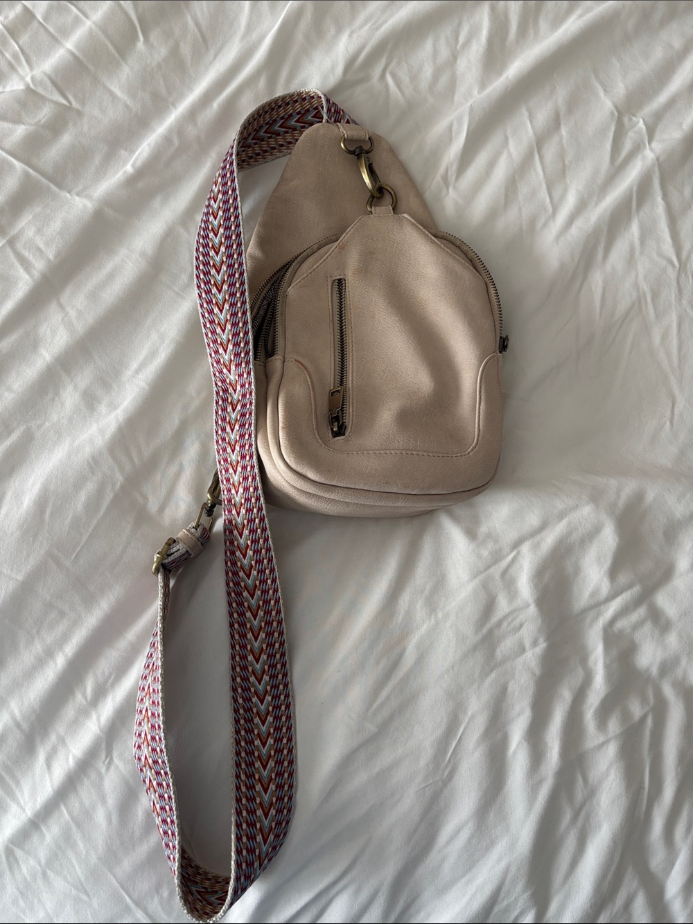 T.J.Maxx Blush Beige Crossbody Sling Bag with Patterned Strap